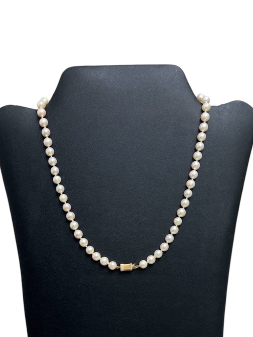 Vintage 14K Gold Box Clasp Cream Cultured Pearl Necklace 16" Hand Knotted 6mm